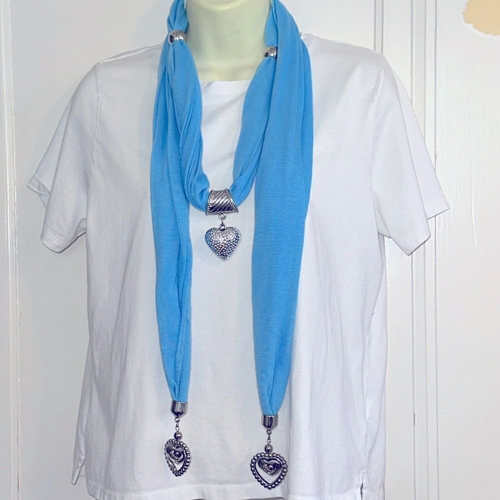 Vintage unusual knit blue scarf or belt with silver metal hearts & beads
